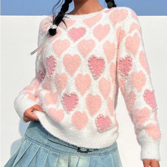 Absolutely Sweaters - NWT Absolutely Small Fuzzy Crew Neck Pink and White Heart Sweater With Pearls